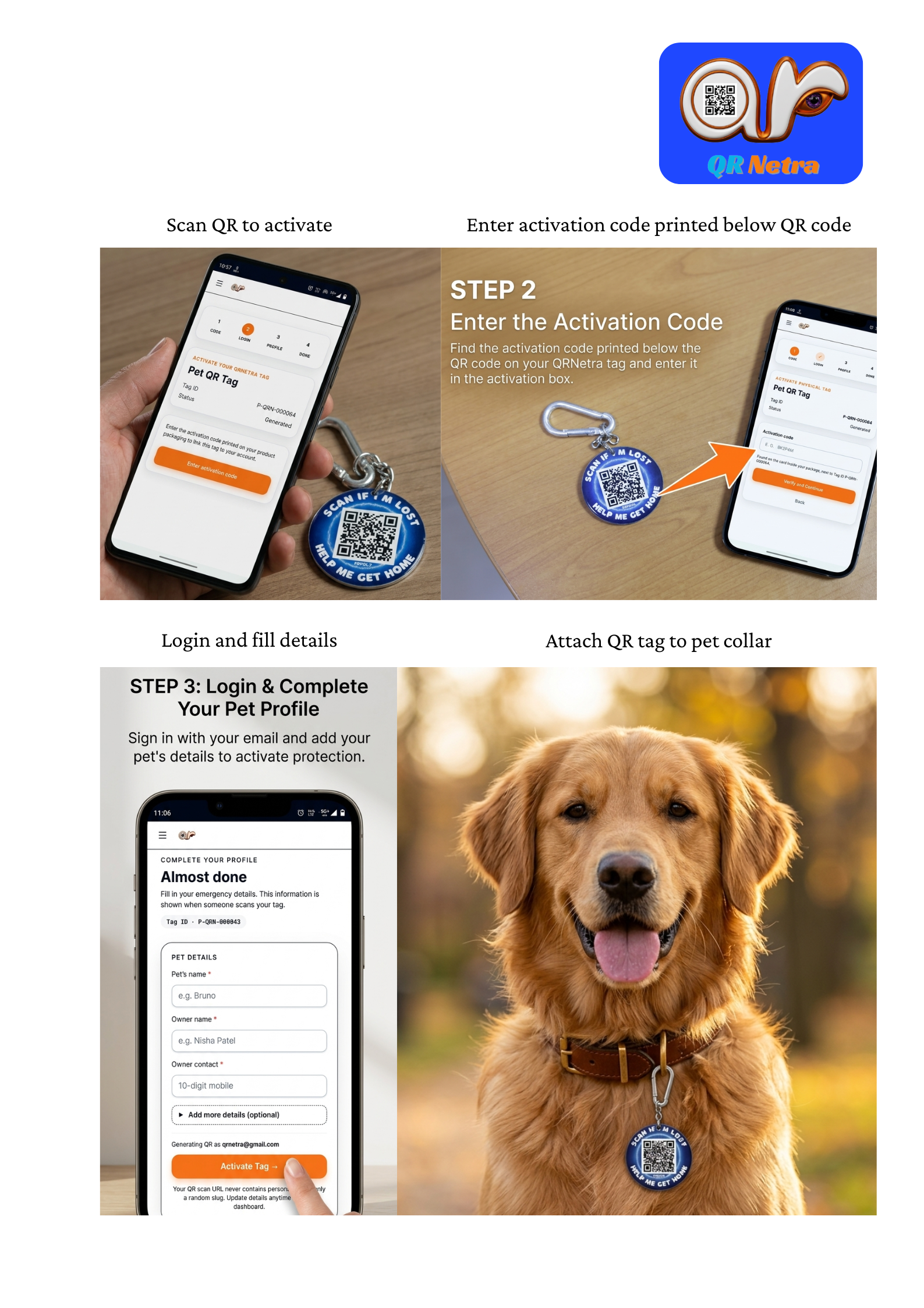 QR Netra Smart Dog ID Tag with QR Code | Digital Pet Profile, Scan & Location Alerts, Medical Info | No App Required | 45mm Acrylic Tag